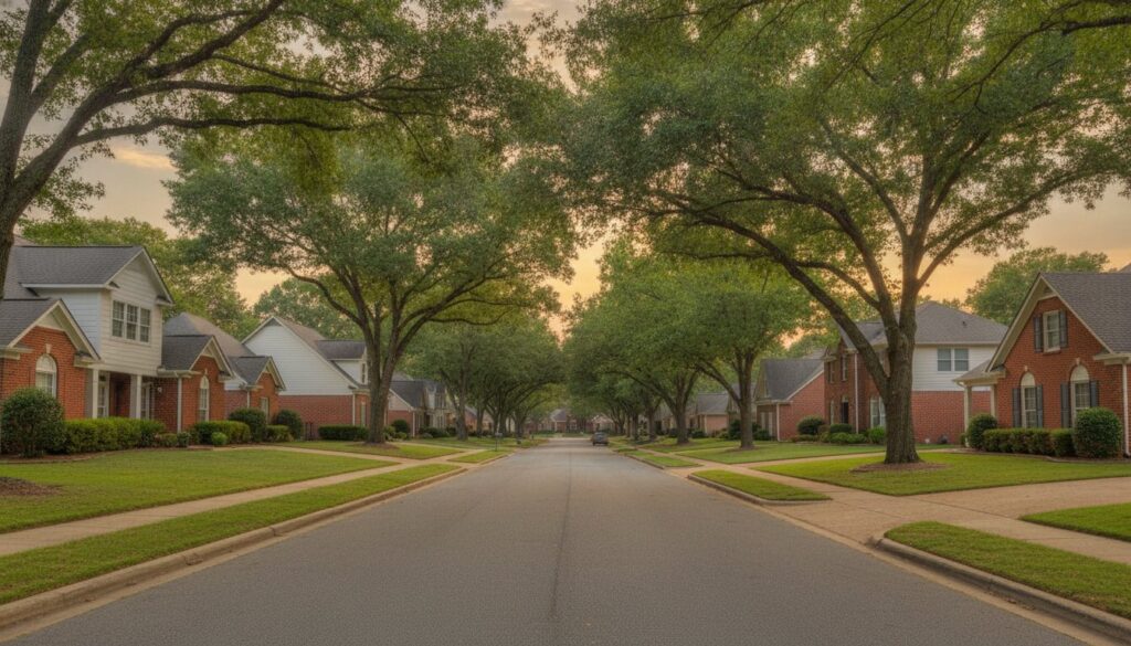 Leafy suburban homes in the Atlanta metro area on a bright day