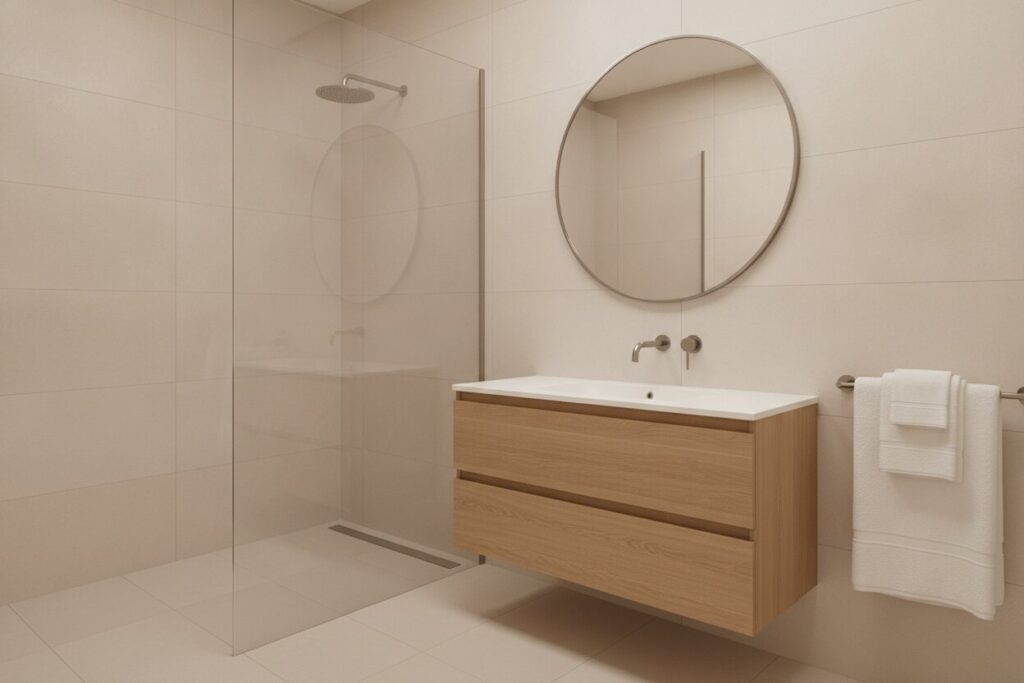 Modern completed bathroom with a glass shower, tiled walls and floating vanity