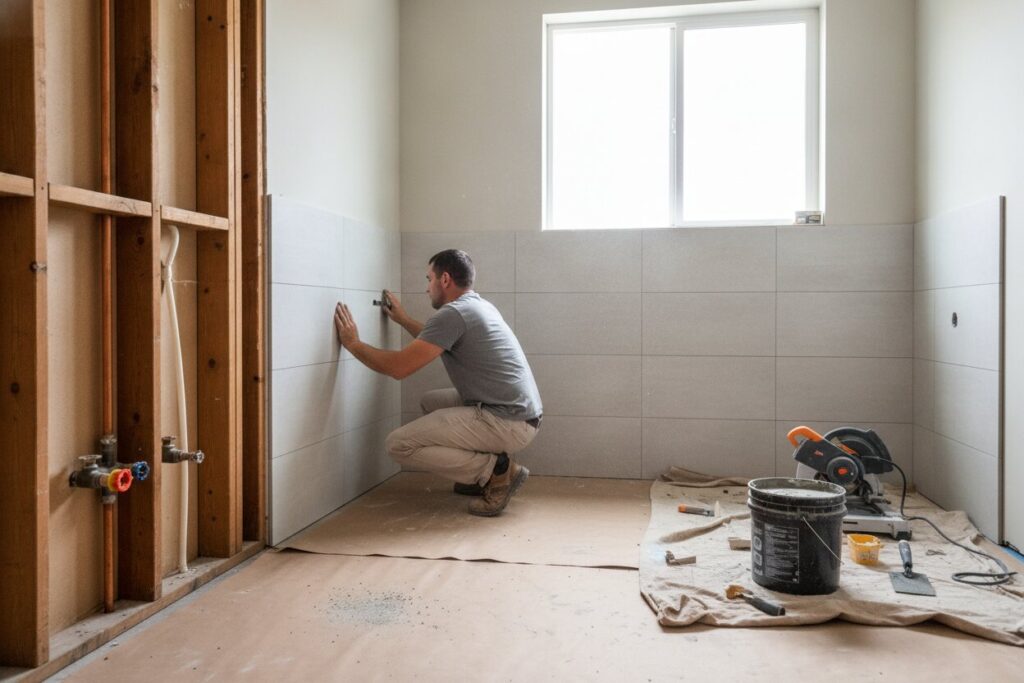 Bathroom renovation in progress with plumbing work and wall tile installation